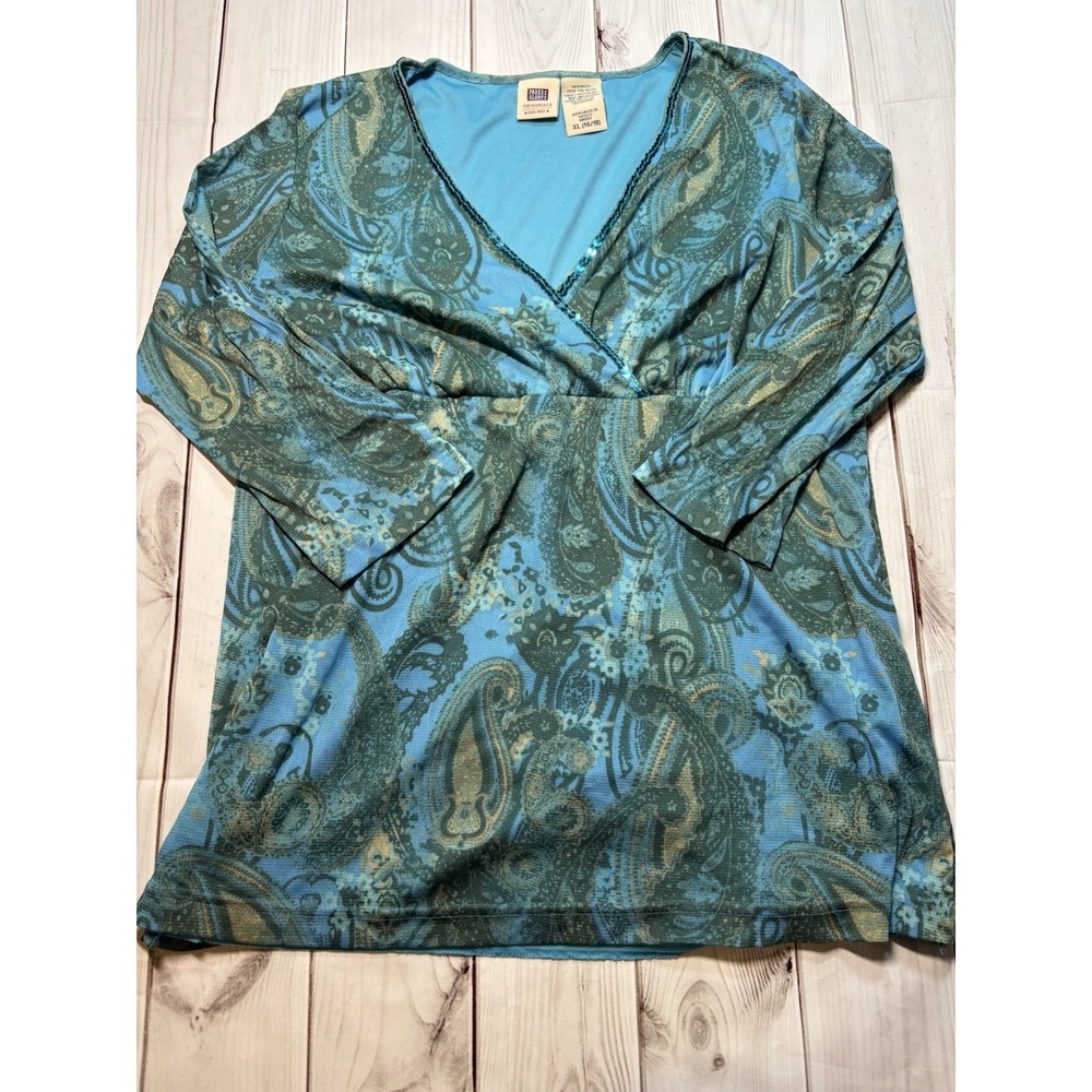 Vintage Faded Glory Originals Blue Paisley Wrap Shirt XL Womens Blouse